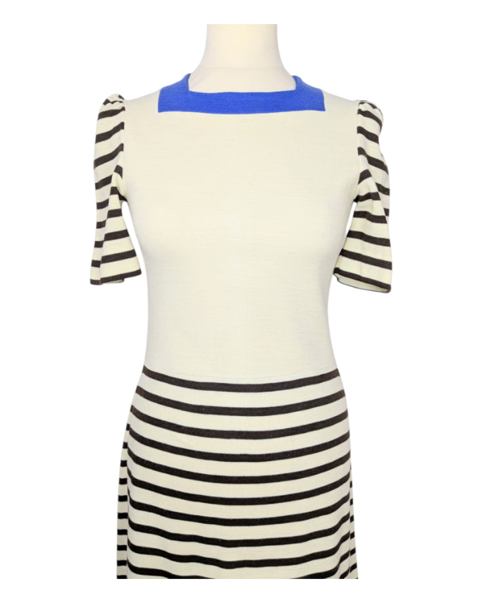 Robe vintage rayée beige et bleu années 60