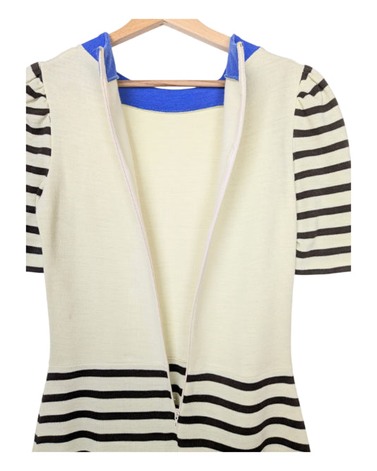 Robe vintage rayée beige et bleu années 60