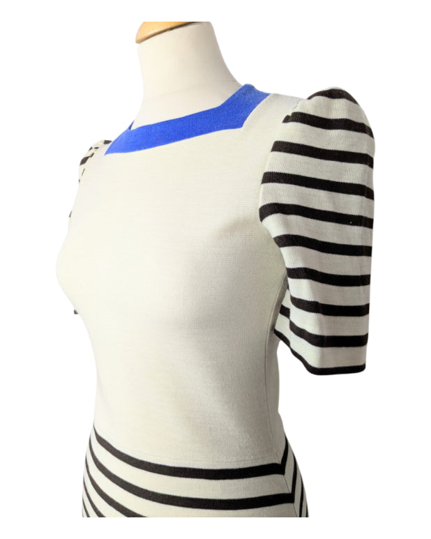 Robe vintage rayée beige et bleu années 60